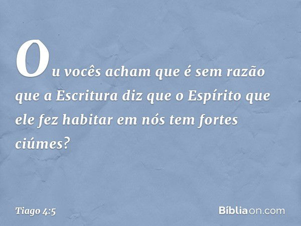 Ou vocês acham que é sem razão que a Escritura diz que o Espírito que ele fez habitar em nós tem fortes ciúmes? -- Tiago 4:5