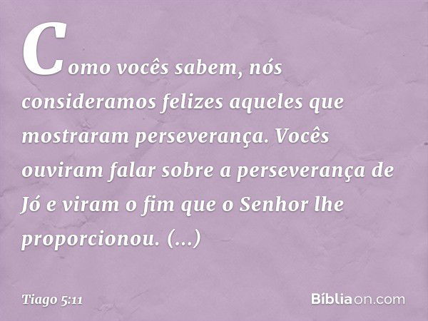 Como vocês sabem, nós consideramos felizes aqueles que mostraram perseverança. Vocês ouviram falar sobre a perseverança de Jó e viram o fim que o Senhor lhe pro