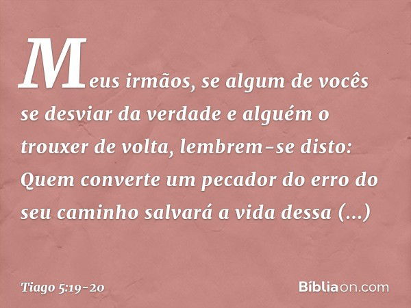 Meus irmãos, se algum de vocês se desviar da verdade e alguém o trouxer de volta, lembrem-se disto: Quem converte um pecador do erro do seu caminho salvará a vi