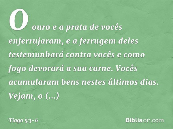 O ouro e a prata de vocês enferrujaram, e a ferrugem deles testemunhará contra vocês e como fogo devorará a sua carne. Vocês acumularam bens nestes últimos dias