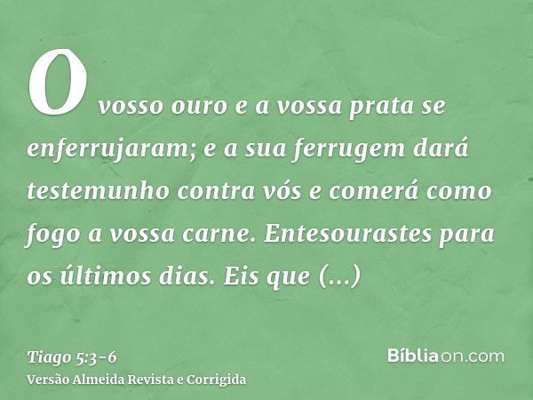 O vosso ouro e a vossa prata se enferrujaram; e a sua ferrugem dará testemunho contra vós e comerá como fogo a vossa carne. Entesourastes para os últimos dias.E