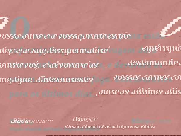 O vosso ouro e a vossa prata estão enferrujados; e a sua ferrugem dará testemunho contra vós, e devorará as vossas carnes como fogo. Entesourastes para os últim