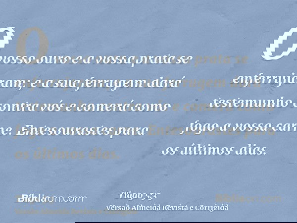 O vosso ouro e a vossa prata se enferrujaram; e a sua ferrugem dará testemunho contra vós e comerá como fogo a vossa carne. Entesourastes para os últimos dias.