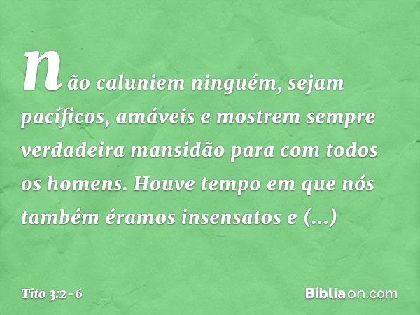 não caluniem ninguém, sejam pacíficos, amáveis e mostrem sempre verdadeira mansidão para com todos os homens. Houve tempo em que nós também éramos insensatos e 