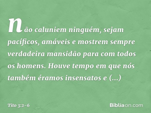 não caluniem ninguém, sejam pacíficos, amáveis e mostrem sempre verdadeira mansidão para com todos os homens. Houve tempo em que nós também éramos insensatos e 