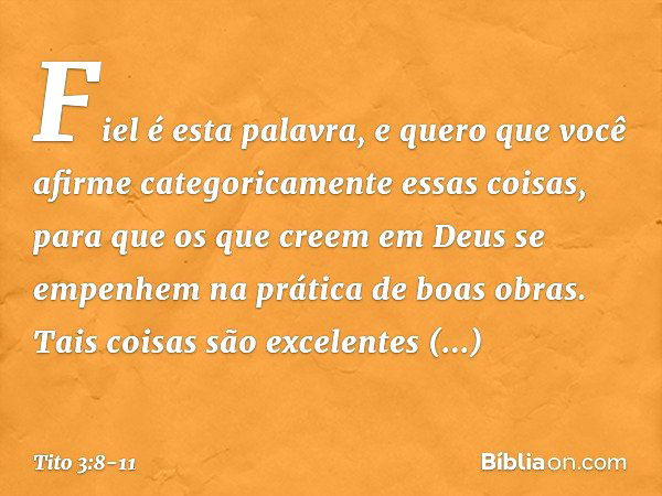 Fiel é esta palavra, e quero que você afirme categoricamente essas coisas, para que os que creem em Deus se empenhem na prática de boas obras. Tais coisas são e