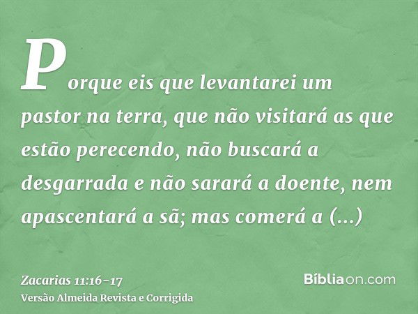 Porque eis que levantarei um pastor na terra, que não visitará as que estão perecendo, não buscará a desgarrada e não sarará a doente, nem apascentará a sã; mas