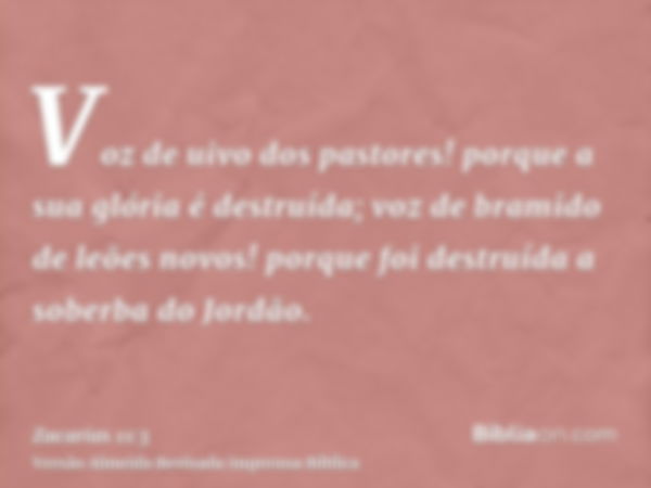 Voz de uivo dos pastores! porque a sua glória é destruída; voz de bramido de leões novos! porque foi destruída a soberba do Jordão.