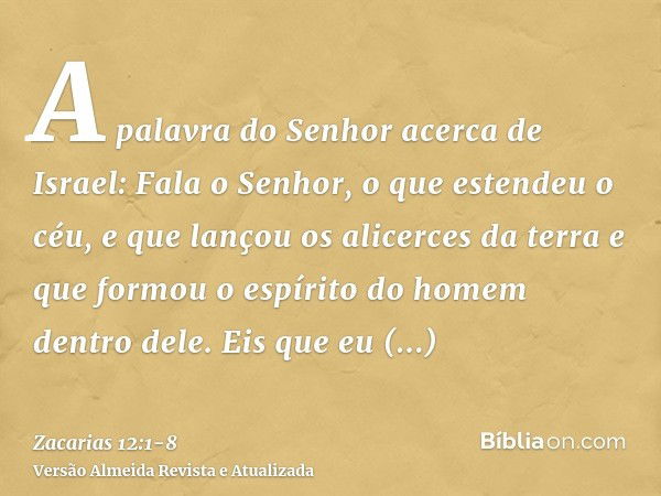 A palavra do Senhor acerca de Israel: Fala o Senhor, o que estendeu o céu, e que lançou os alicerces da terra e que formou o espírito do homem dentro dele.Eis q