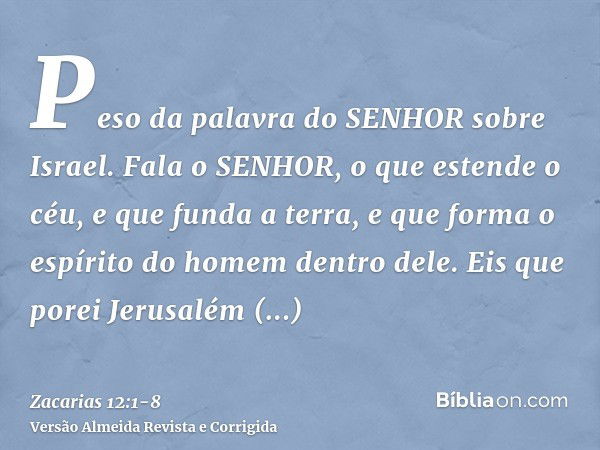 Peso da palavra do SENHOR sobre Israel. Fala o SENHOR, o que estende o céu, e que funda a terra, e que forma o espírito do homem dentro dele.Eis que porei Jerus