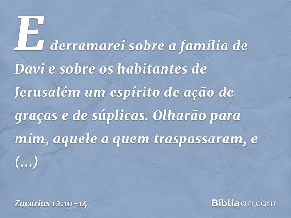 E derra­marei sobre a família de Davi e sobre os habi­tantes de Jerusalém um espírito de ação de graças e de súplicas. Olharão para mim, aquele a quem traspassa