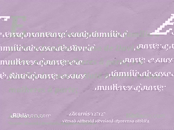 E a terra pranteará, cada família à parte: a família da casa de Davi à parte, e suas mulheres à parte; e a família da casa de Natã à parte, e suas mulheres à pa