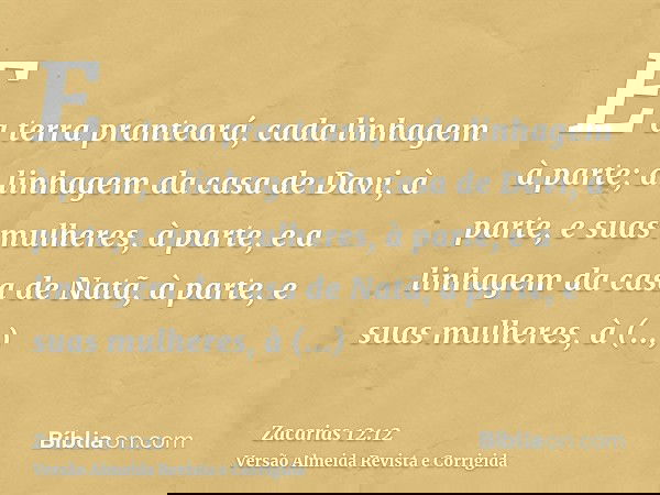 E a terra pranteará, cada linhagem à parte; a linhagem da casa de Davi, à parte, e suas mulheres, à parte, e a linhagem da casa de Natã, à parte, e suas mulhere