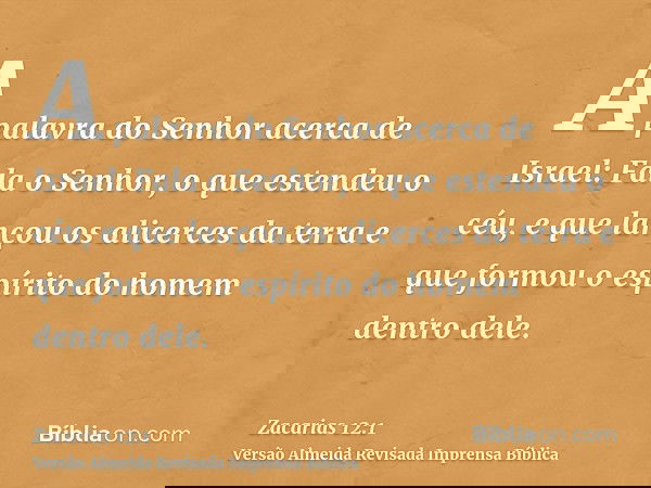A palavra do Senhor acerca de Israel: Fala o Senhor, o que estendeu o céu, e que lançou os alicerces da terra e que formou o espírito do homem dentro dele.