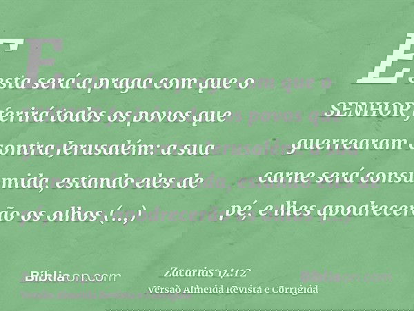 E esta será a praga com que o SENHOR ferirá todos os povos que guerrearam contra Jerusalém: a sua carne será consumida, estando eles de pé, e lhes apodrecerão o