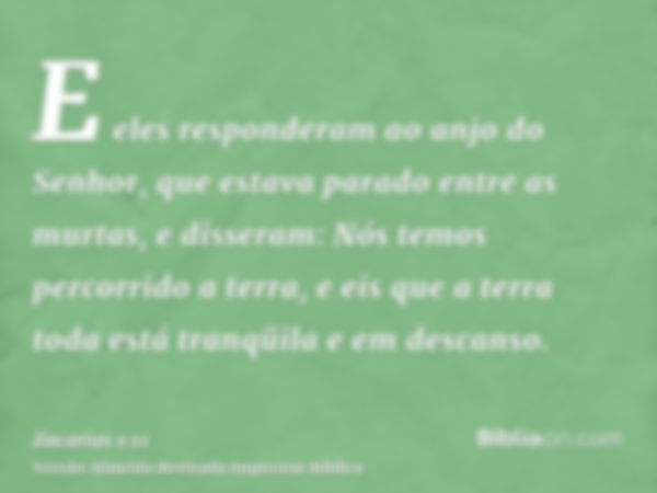 E eles responderam ao anjo do Senhor, que estava parado entre as murtas, e disseram: Nós temos percorrido a terra, e eis que a terra toda está tranqüila e em de