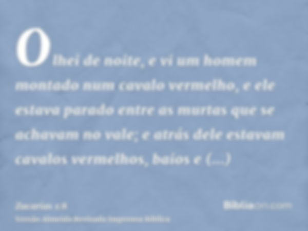 Olhei de noite, e vi um homem montado num cavalo vermelho, e ele estava parado entre as murtas que se achavam no vale; e atrás dele estavam cavalos vermelhos, b