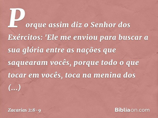 Porque assim diz o Senhor dos Exércitos: 'Ele me enviou para buscar a sua glória entre as nações que saquearam vocês, porque todo o que tocar em vocês, toca na 