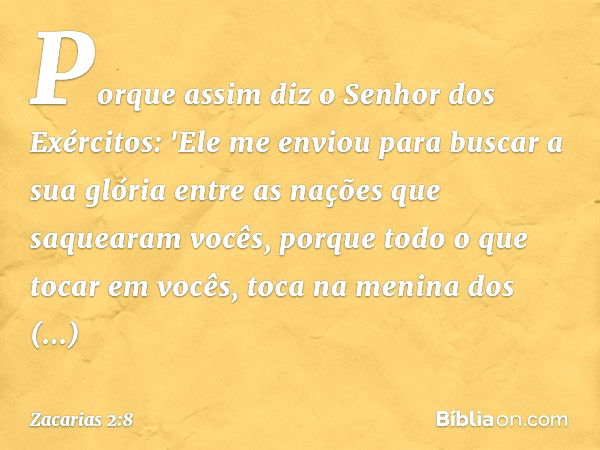 Porque assim diz o Senhor dos Exércitos: 'Ele me enviou para buscar a sua glória entre as nações que saquearam vocês, porque todo o que tocar em vocês, toca na 