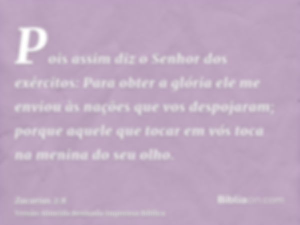 Pois assim diz o Senhor dos exércitos: Para obter a glória ele me enviou às nações que vos despojaram; porque aquele que tocar em vós toca na menina do seu olho