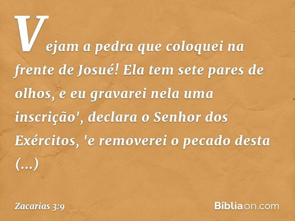 Vejam a pedra que coloquei na frente de Josué! Ela tem sete pares de olhos, e eu gravarei nela uma inscrição', declara o Senhor dos Exércitos, 'e removerei o pe