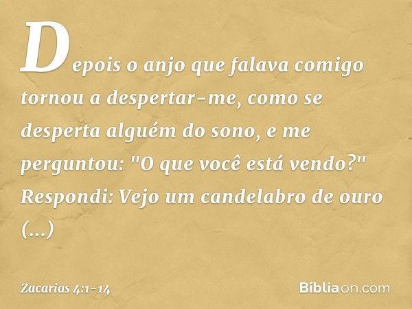 Depois o anjo que falava comigo tornou a despertar-me, como se desperta alguém do sono, e me perguntou: "O que você está vendo?"
Respondi: Vejo um candelabro de