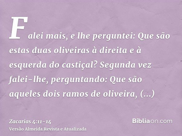 Falei mais, e lhe perguntei: Que são estas duas oliveiras à direita e à esquerda do castiçal?Segunda vez falei-lhe, perguntando: Que são aqueles dois ramos de o