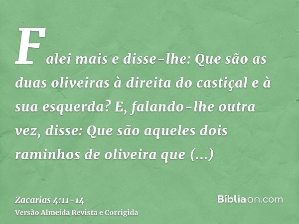 Falei mais e disse-lhe: Que são as duas oliveiras à direita do castiçal e à sua esquerda?E, falando-lhe outra vez, disse: Que são aqueles dois raminhos de olive