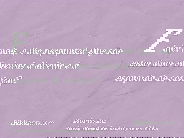 Falei mais, e lhe perguntei: Que são estas duas oliveiras à direita e à esquerda do castiçal?