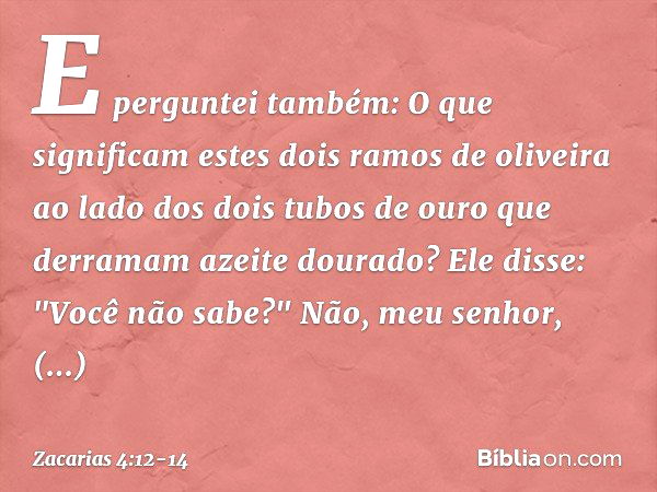 E perguntei também: O que significam estes dois ramos de oliveira ao lado dos dois tubos de ouro que derramam azeite dourado? Ele disse: "Você não sabe?"
Não, m