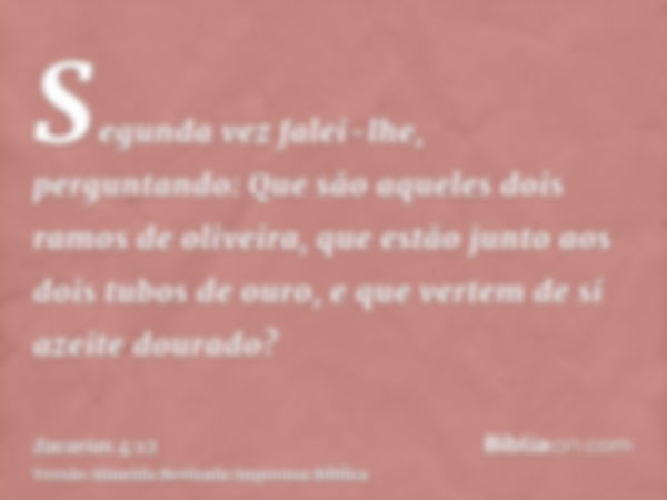 Segunda vez falei-lhe, perguntando: Que são aqueles dois ramos de oliveira, que estão junto aos dois tubos de ouro, e que vertem de si azeite dourado?