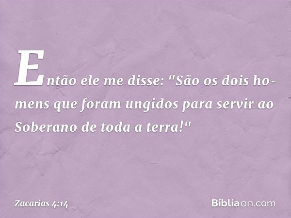 Então ele me disse: "São os dois ho­mens que foram ungidos para servir ao Sobe­rano de toda a terra!" -- Zacarias 4:14