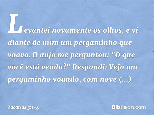 Levantei novamente os olhos, e vi diante de mim um pergaminho que voava. O anjo me perguntou: "O que você está vendo?"
Respondi: Vejo um pergaminho voan­do, com