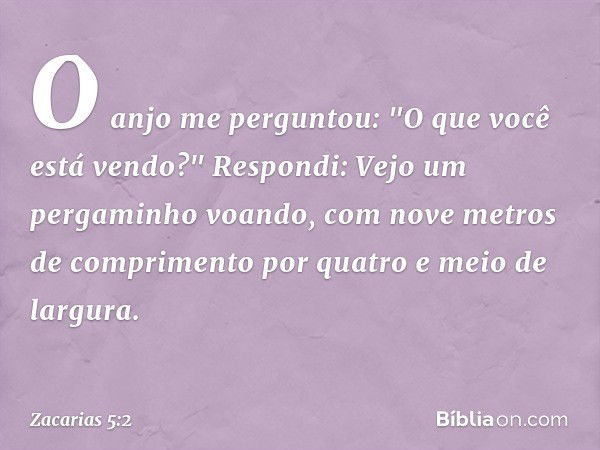 O anjo me perguntou: "O que você está vendo?"
Respondi: Vejo um pergaminho voan­do, com nove metros de comprimento por quatro e meio de largura. -- Zacarias 5:2