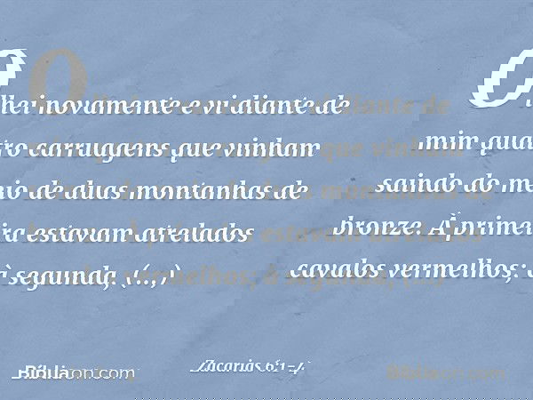 Olhei novamente e vi diante de mim quatro carruagens que vinham saindo do meio de duas montanhas de bronze. À primeira estavam atrelados cavalos vermelhos; à se