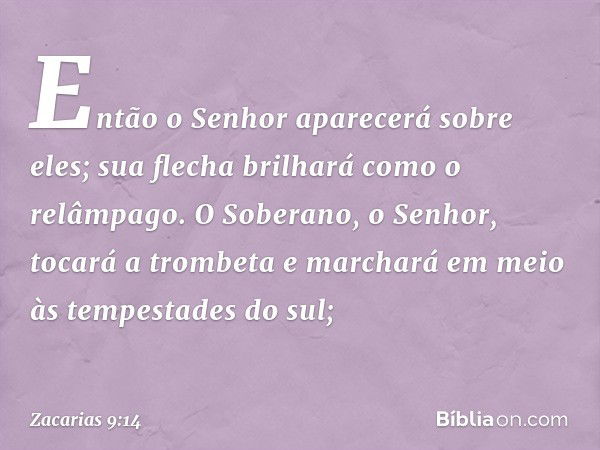 Então o Senhor aparecerá sobre eles;
sua flecha brilhará como o relâmpago.
O Soberano, o Senhor,
tocará a trombeta
e marchará em meio às
tempestades do sul; -- 