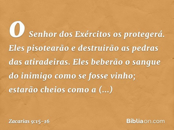 o Senhor dos Exércitos os protegerá.
Eles pisotearão e destruirão
as pedras das atiradeiras.
Eles beberão o sangue do inimigo
como se fosse vinho;
estarão cheio