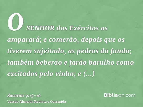 O SENHOR dos Exércitos os amparará; e comerão, depois que os tiverem sujeitado, as pedras da funda; também beberão e farão barulho como excitados pelo vinho; e 