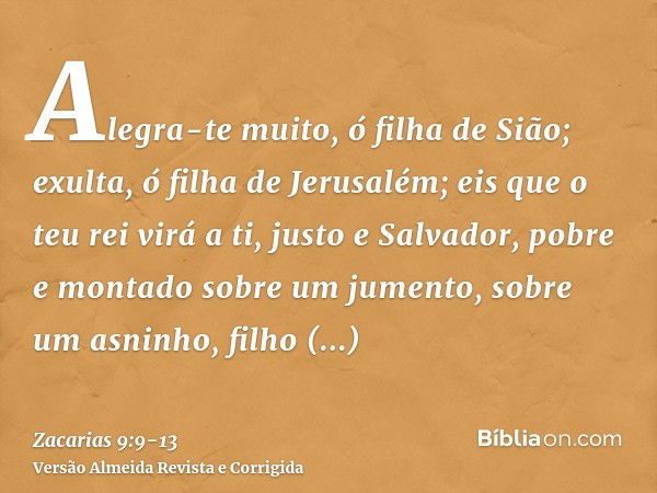 Alegra-te muito, ó filha de Sião; exulta, ó filha de Jerusalém; eis que o teu rei virá a ti, justo e Salvador, pobre e montado sobre um jumento, sobre um asninh