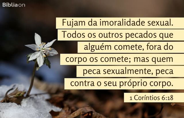 Fujam da imoralidade sexual. Todos os outros pecados que alguém comete, fora do corpo os comete; mas quem peca sexualmente, peca contra o seu próprio corpo. 1 Coríntios 6:18