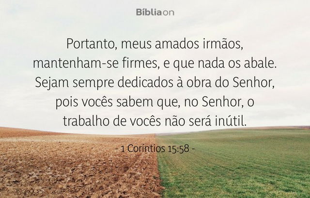 Portanto, meus amados irmãos, mantenham-se firmes, e que nada os abale. Sejam sempre dedicados à obra do Senhor, pois vocês sabem que, no Senhor, o trabalho de vocês não será inútil. 1 Coríntios 15:58