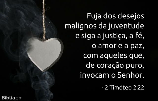 Fuja dos desejos malignos da juventude e siga a justiça, a fé, o amor e a paz, com aqueles que, de coração puro, invocam o Senhor. 2 Timóteo 2:22