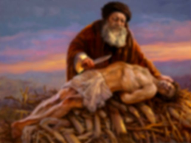 Imagem de Isaque sobre o altar do sacrifício e Abraão sofrendo com a faca na mão