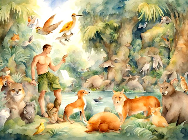 Adão no jardim do Eden cercado de animais