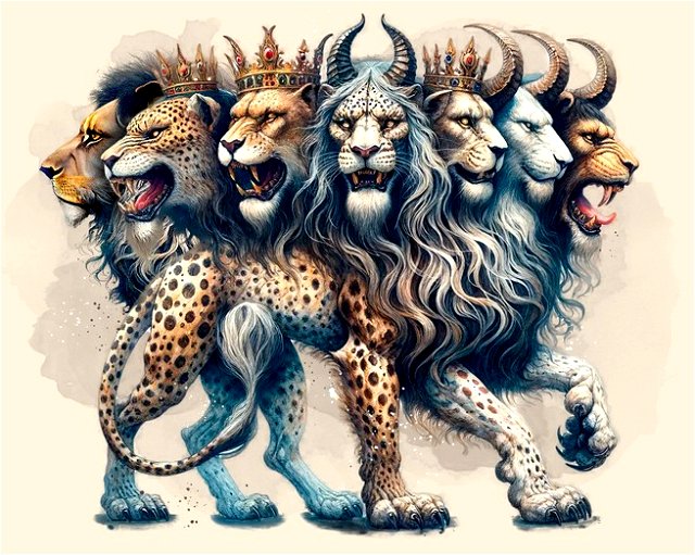 A besta tem sete cabeças, dez chifres e é uma mistura de um leopardo com um urso e um leão