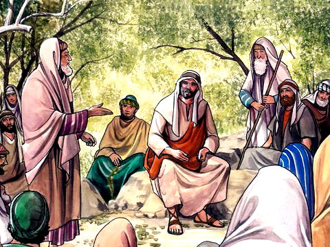 Imagem de um grupo sentado - Jesus ensina a história do bom samamritano