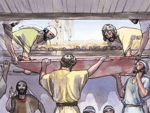 Jesus cura um paralítico - os amigos descem o leito do doente até a presença de Jesus