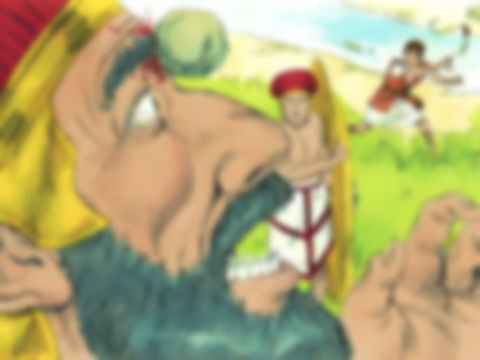 O gigante Golias é golpeado com uma pedrada na testa