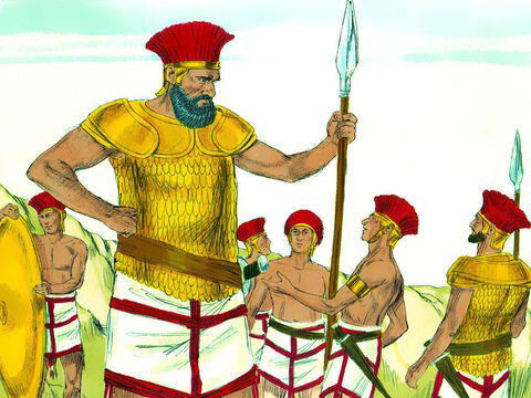 O gigante Golias perto de outros soldados