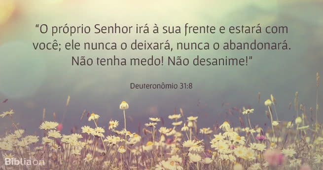 O próprio Senhor irá à sua frente e estará com você; ele nunca o deixará, nunca o abandonará. Não tenha medo! Não desanime! Deuteronômio 31:8